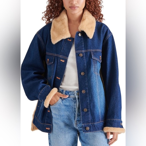 Steve Madden Winona Denim Jacket Faux Fur Blue XS New - Picture 2 of 8